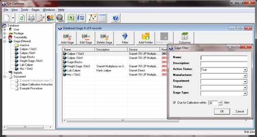 Calibration Management software with filter capabilities